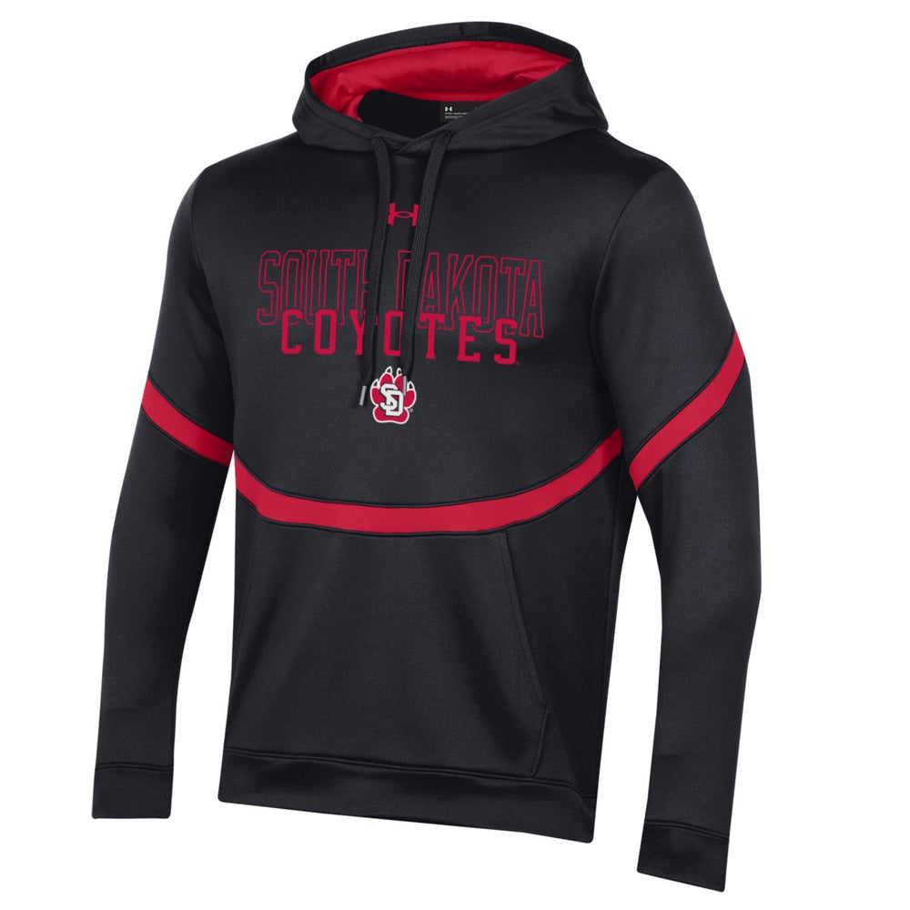 Black Underarmour hoodie with red South Dakota Coyotes lettering and red stripe on chest 