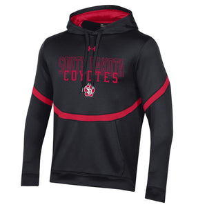 
                
                    Load image into Gallery viewer, Black Underarmour hoodie with red South Dakota Coyotes lettering and red stripe on chest 
                
            