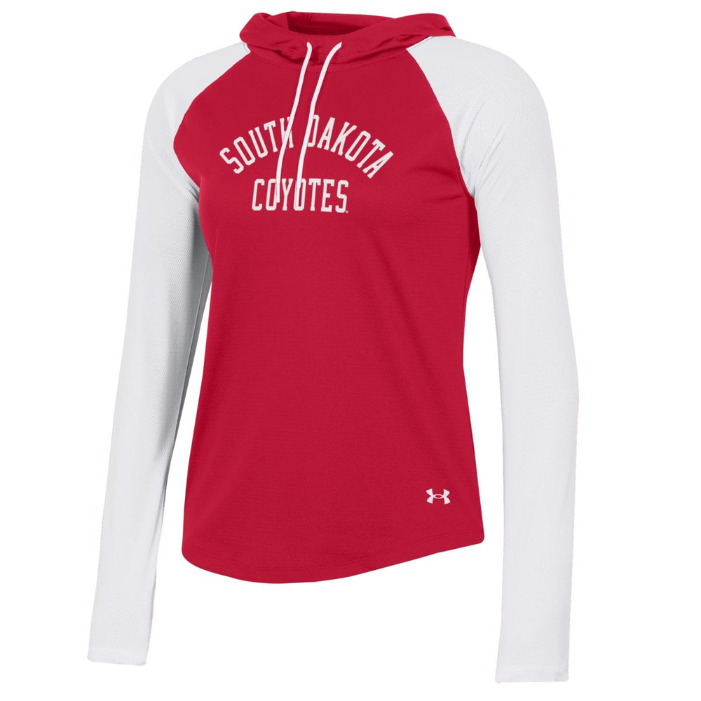 
                
                    Load image into Gallery viewer, Red and white long sleeve hoodie with South Dakota Coyotes in white lettering on chest
                
            