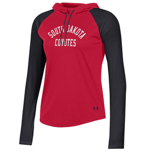 
                
                    Load image into Gallery viewer, Red and black long sleeve hoodie with South Dakota Coyotes in white lettering on chest
                
            