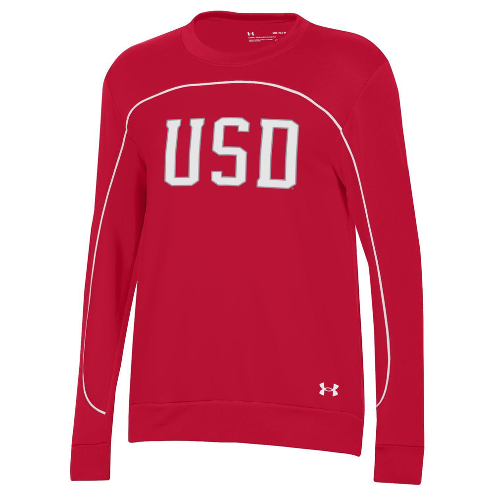 
                
                    Load image into Gallery viewer, Red Underarmour long sleeve with white USD on chest and white lining
                
            