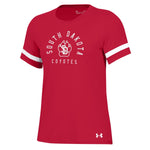 Red short sleeve Underarmour with white South Dakota Coyotes and SD paw with white stripes on sleeve
