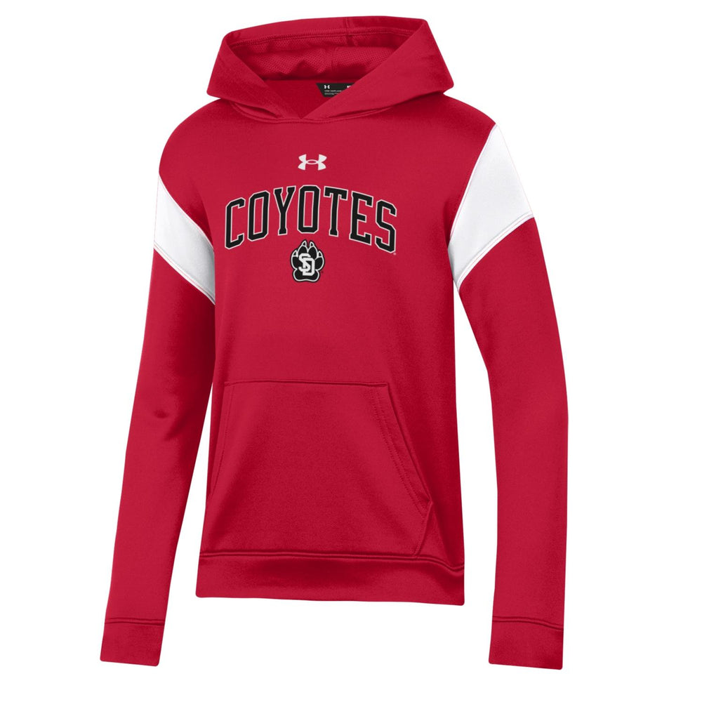 
                
                    Load image into Gallery viewer, Red youth hoodie with black Coyotes and paw on chest with white bands on arms
                
            
