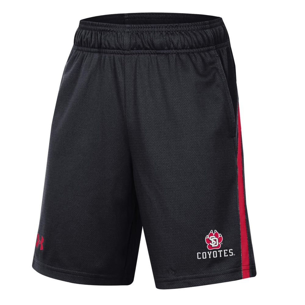 Black Under armour youth shorts with SD paw and coyotes on bottom left leg
