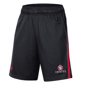 
                
                    Load image into Gallery viewer, Black Under armour youth shorts with SD paw and coyotes on bottom left leg
                
            