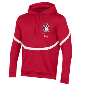 
                
                    Load image into Gallery viewer, Red Underarmour hoodie with SD paw on left chest and white stripe
                
            