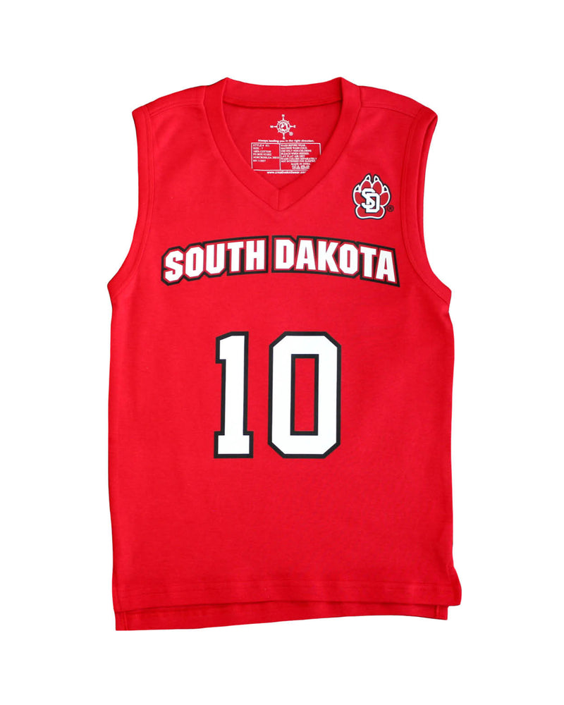 
                
                    Load image into Gallery viewer, Red youth/toddler basketball jersey with with number 10 and &amp;#39;SOUTH DAKOTA&amp;#39; with SD paw logo
                
            