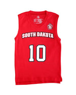 Red youth/toddler basketball jersey with with number 10 and 'SOUTH DAKOTA' with SD paw logo