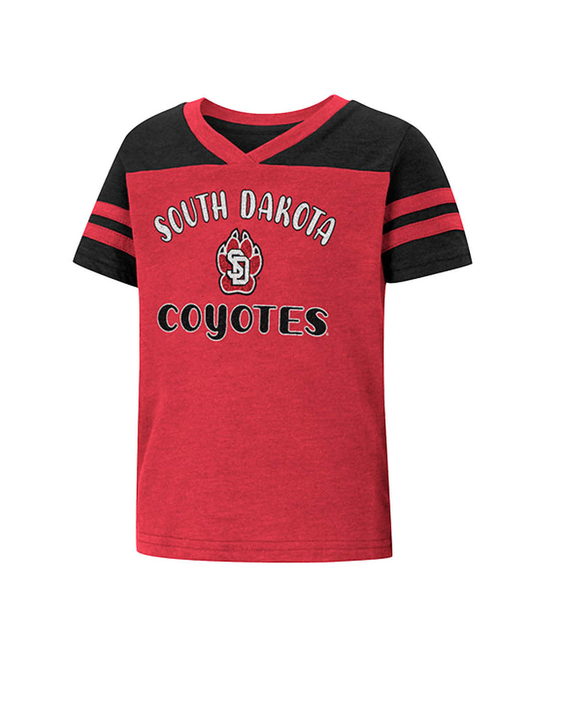 
                
                    Load image into Gallery viewer, Colosseum Toddler Red V-neck tee with South Dakota Coyotes graphic
                
            