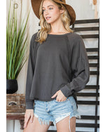 Women's Charcoal Loose Fit Top with Long Sleeves Round Hem and Boat Neck