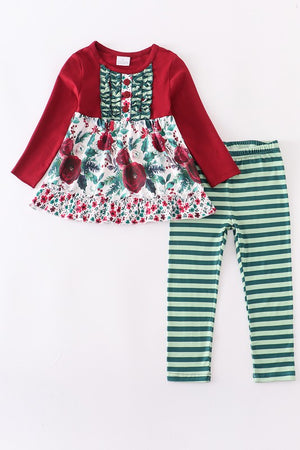 Girl's Maroon Floral Ruffle Pants Set