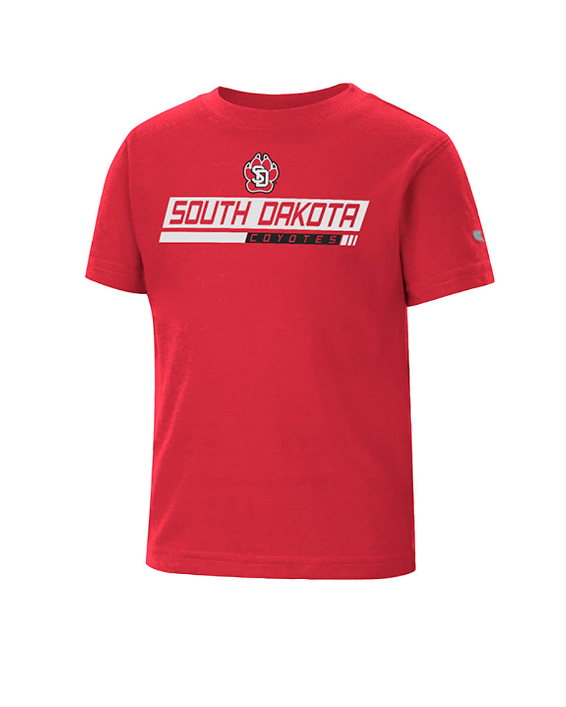 Red short sleeve tee with South Dakota Coyotes graphic
