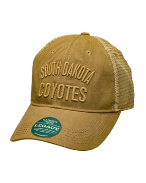 
                
                    Load image into Gallery viewer, Khaki mesh trucker hat with South Dakota Coyotes
                
            