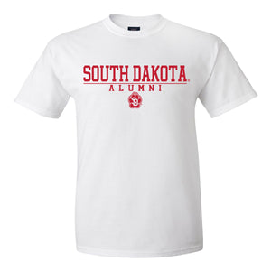 White tee that says 'South Dakota Alumni' with the SD paw logo below it in red