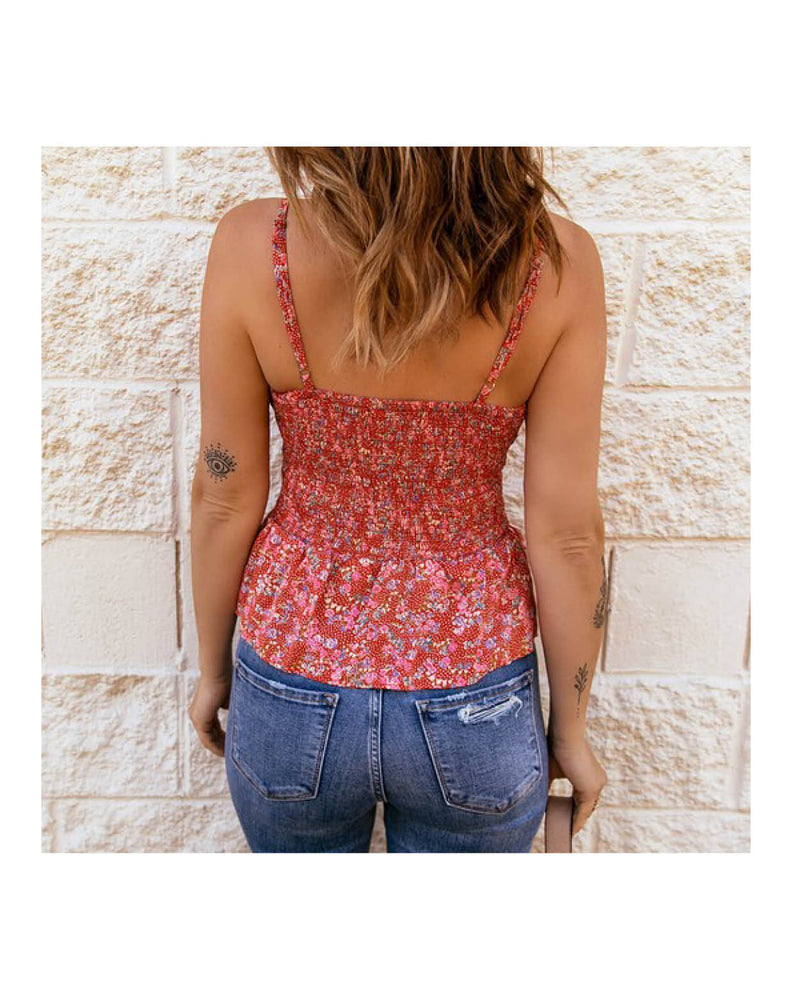 Back of red floral print women's smocked flounce spaghetti strap cami