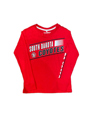 
                
                    Load image into Gallery viewer, Colosseum Boy&amp;#39;s red long sleeve tee with South Dakota Coyote graphic
                
            