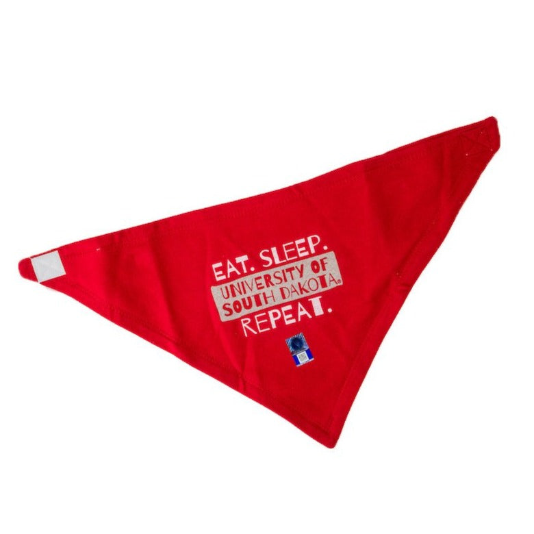 Red bib with Eat Sleep Repeat lettering