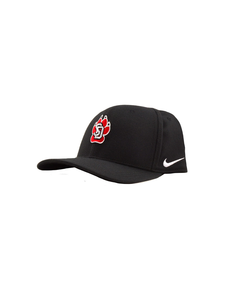 Black Nike hat with white Nike logo on side and SD paw logo on front