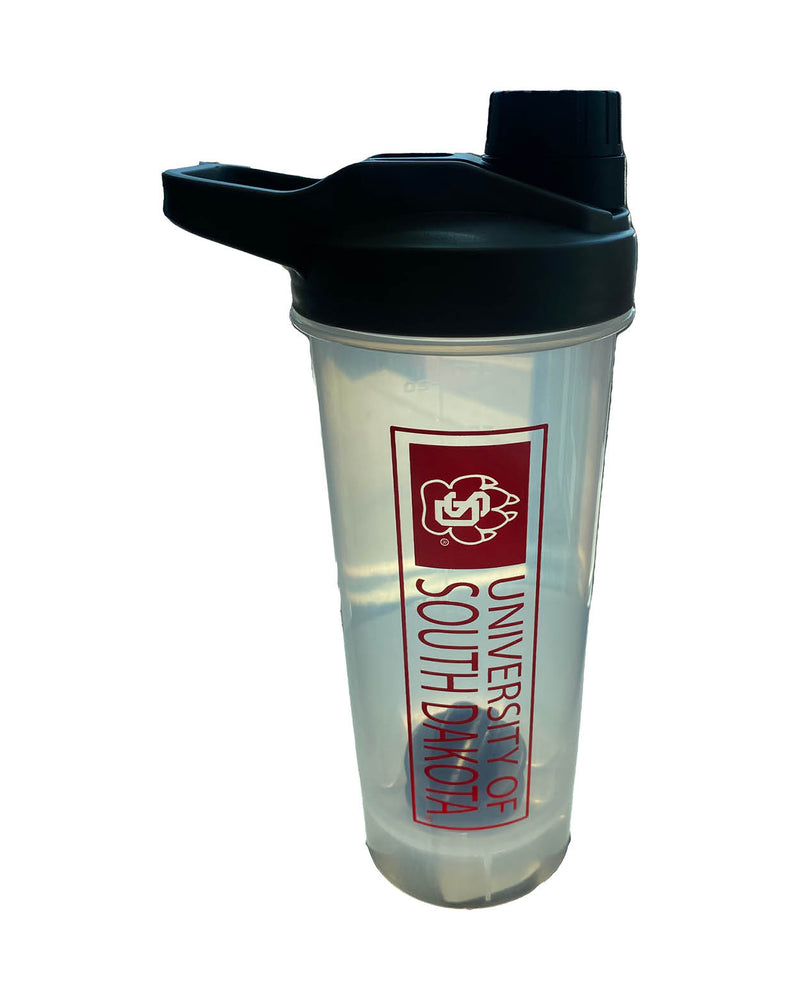 Clear USD Plastic Shaker bottle with red University of South Dakota text and SD paw logo and black blender piece
