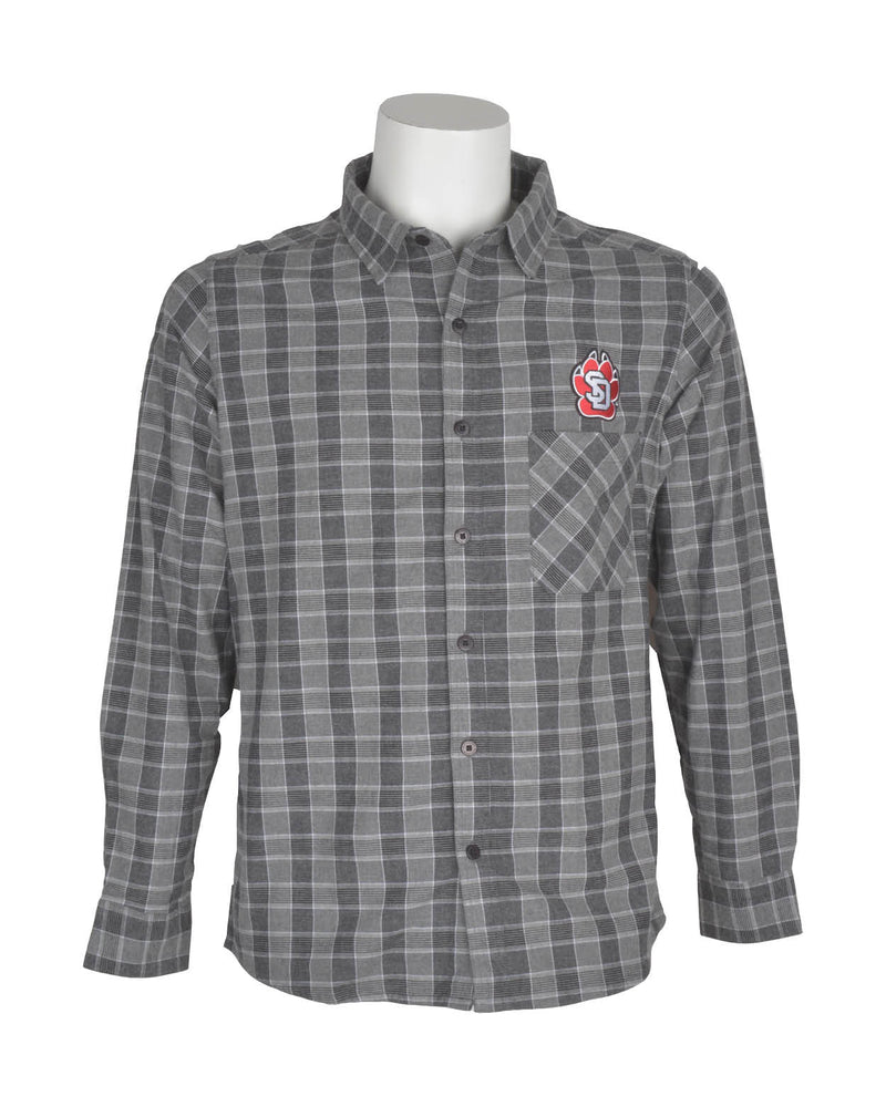 Gray and dark gray plaid flannel button front shirt with full color SD Paw logo on upper left chest