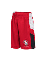 Red Youth Boy's Baller short with white and black on side with SD Paw logo on leg