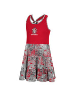 Youth Girl's dress with a red upper half with SD Paw South Dakota logo and a gray skirt spattered with red, black and white ink-like splatters