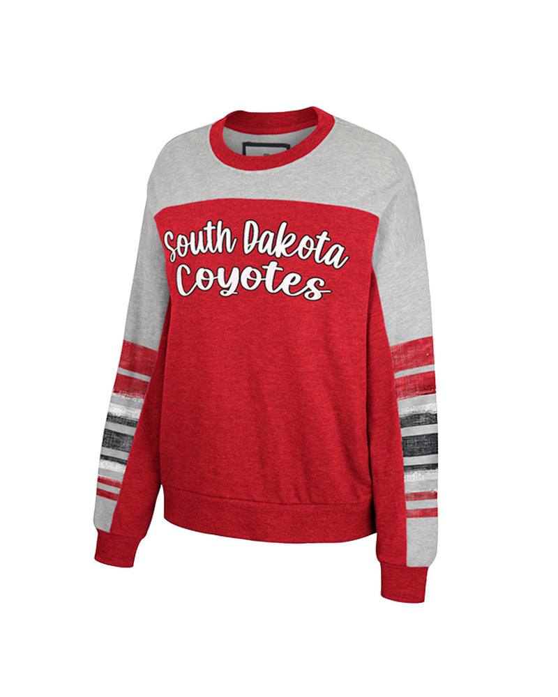 Red and gray crew with South Dakota Coyotes written in script across the chest and red, white and gray stripes on the sleeves