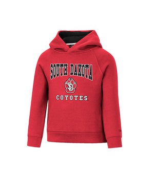 
                
                    Load image into Gallery viewer, Red hoodie with South Dakota Coyotes and SD paw graphic
                
            