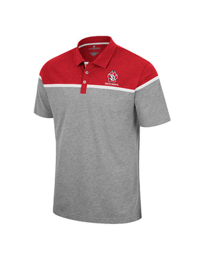 Mostly heathered gray polo with white stripe and upper area red with SD paw logo and words South Dakota on upper left chest