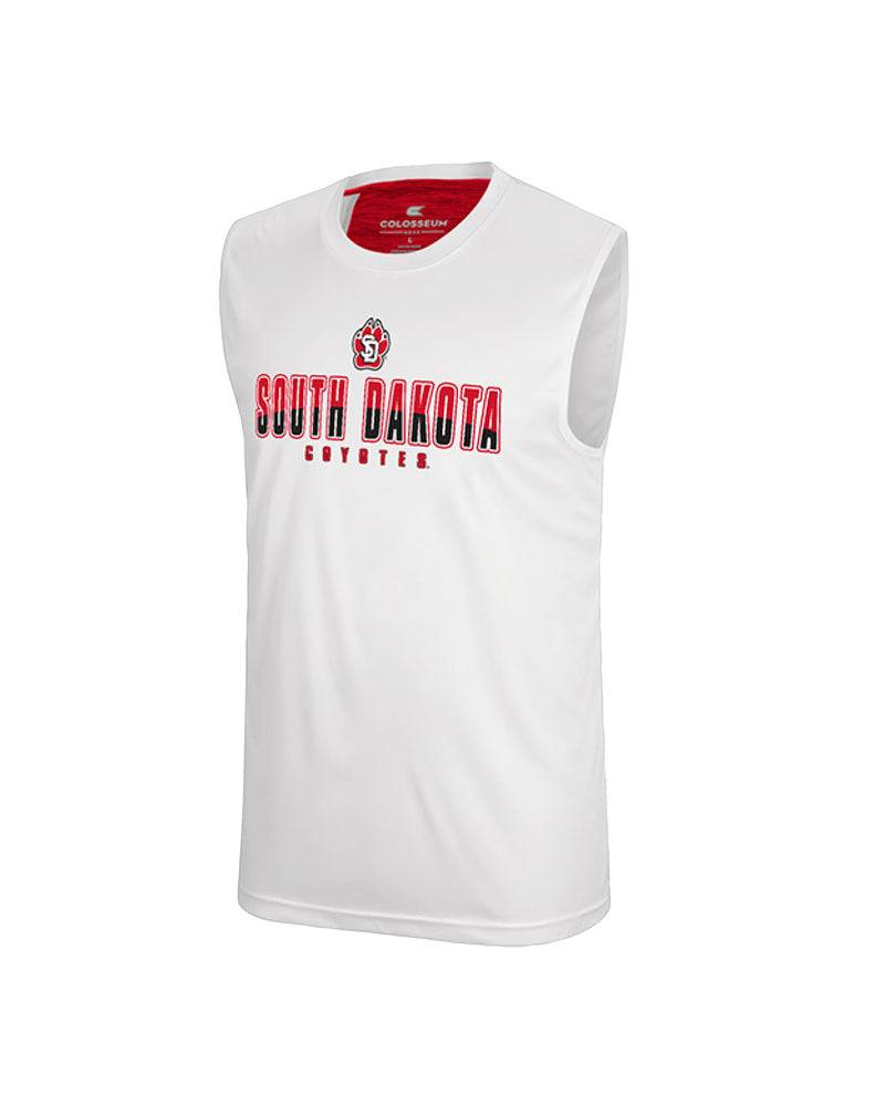Men's white sleeveless tee that reads South Dakota Coyotes across the chest with a small SD Paw logo above