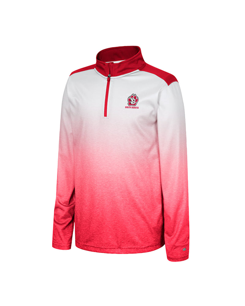 Boy's Quarter Zip Crew that is a white to red gradient in color from top to bottom with SD Paw on left chest