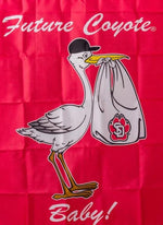 Red flag with stork and Future Coyote Baby lettering