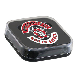 
                
                    Load image into Gallery viewer, Black earbuds case with red University of South Dakota logo 
                
            