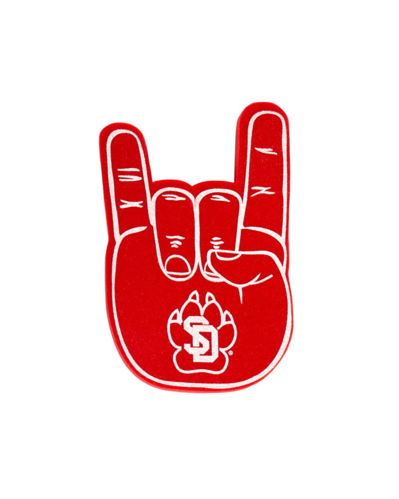 
                
                    Load image into Gallery viewer, Red foam finger in the shape of the Coyote hand sign with the SD paw logo in white
                
            