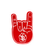 Red foam finger in the shape of the Coyote hand sign with the SD paw logo in white