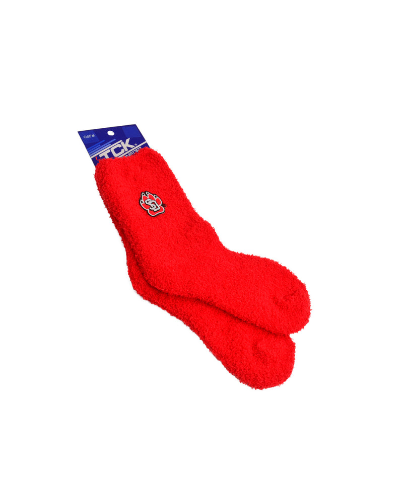 Fuzzy red socks with SD Paw logo