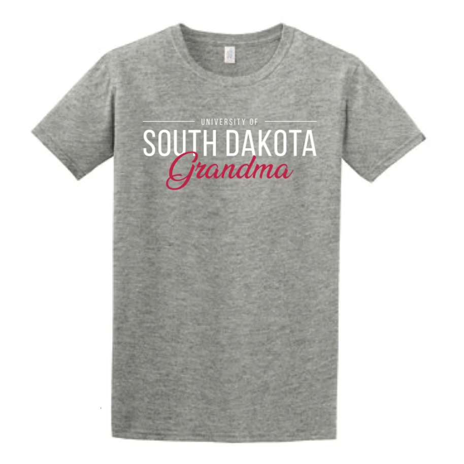 Gray tee with white South Dakota and red Grandma lettering