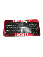 Red mental license plate with white South Dakota Coyotes lettering
