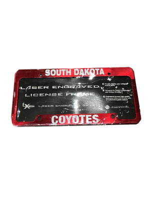 Red mental license plate with white South Dakota Coyotes lettering