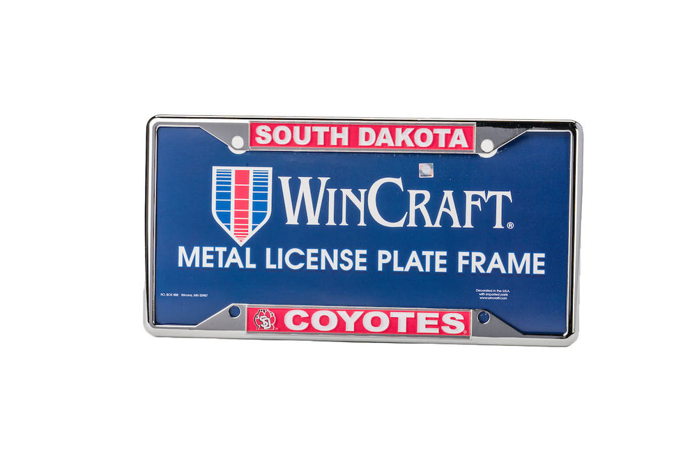 Silver license frame with red South Dakota Coyotes lettering
