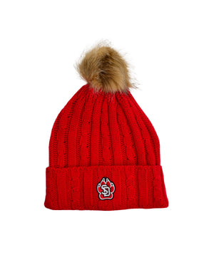 
                
                    Load image into Gallery viewer, Red hat with cuff with SD Paw logo and a tan and brown pom on top
                
            