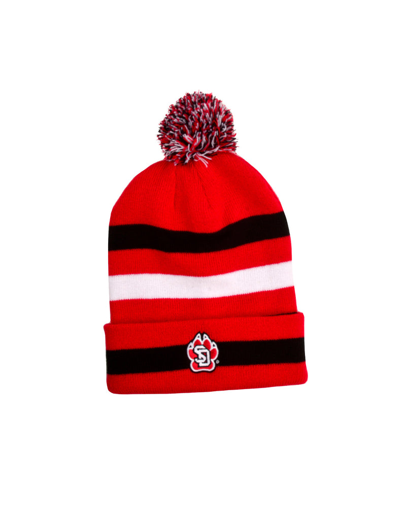 Red hat with black and white stripes, SD Paw logo on cuff and a red white and black pom on top