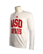 Adidas Long Sleeve White Tee that says USD Coyotes in red with a red Adidas logo