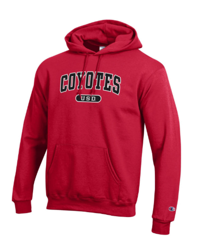 
                
                    Load image into Gallery viewer, Champion Red Hoodie with University of South Dakota Twill
                
            