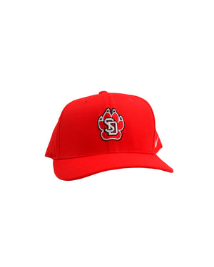 Front view of red Nike hat with SD Paw 