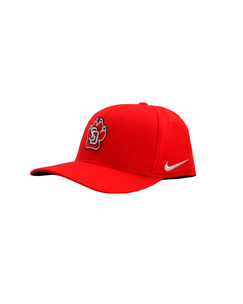 Side view of red Nike hat with SD Paw 