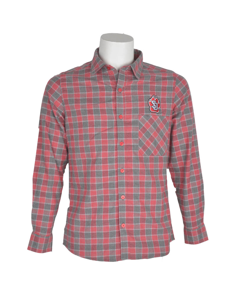 Red and gray plaid flannel button front shirt with full color SD Paw logo on upper left chest