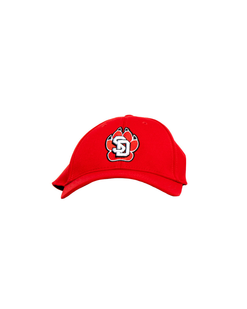 Red adjustable hat with plastic strap and SD paw logo on front