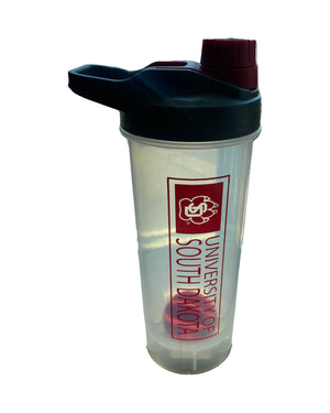 Clear USD Plastic Shaker bottle with red University of South Dakota text and SD paw logo and red blender piece