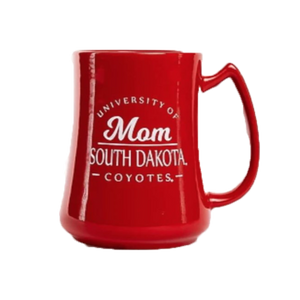 Red mug with white University of South Dakota Mom lettering